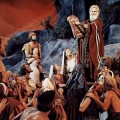 Moïse avec les tables de la Loi découvre les hébreux célébrant le Veau d'Or